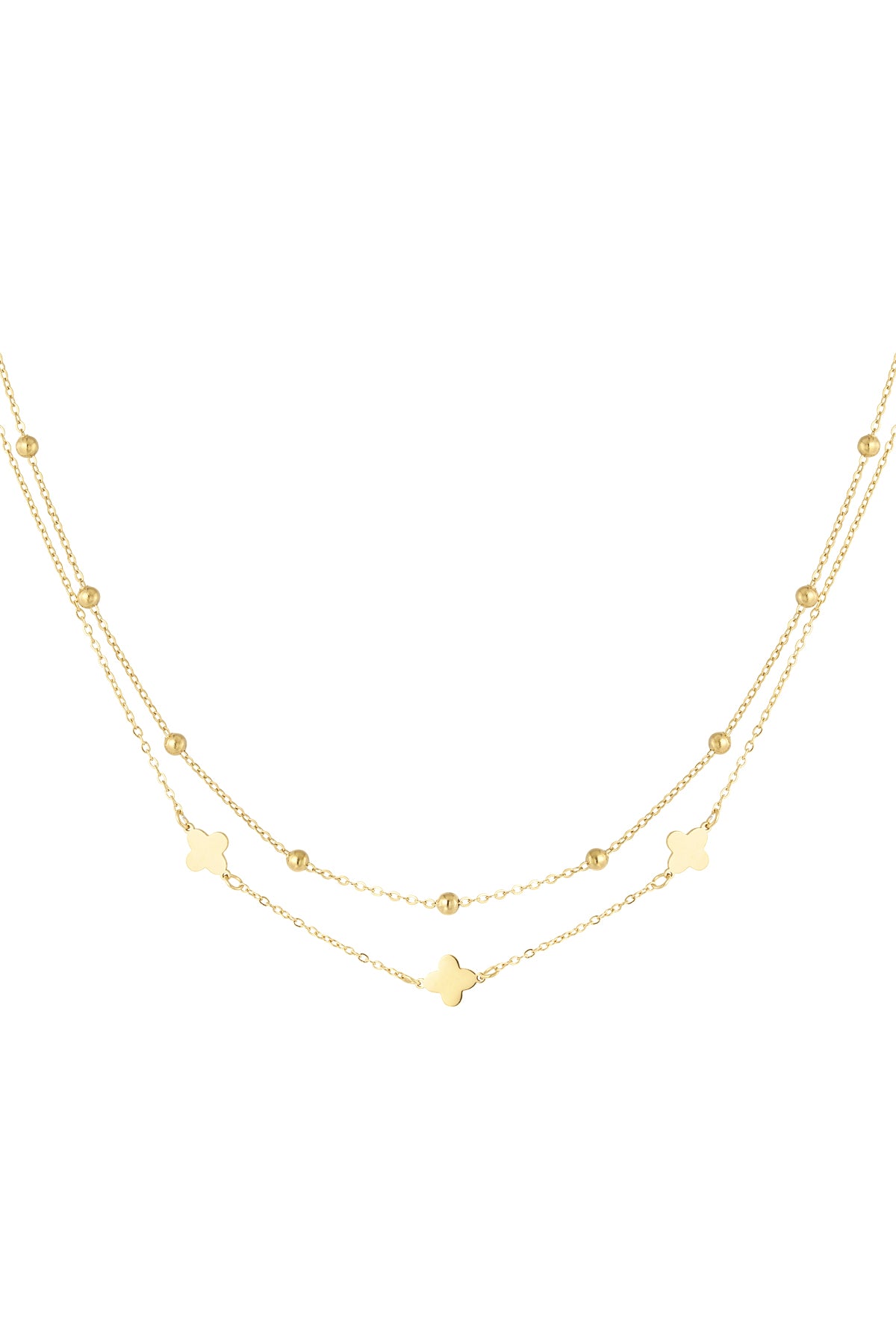 Dvojna verižica z deteljicami in kroglicami - zlata barva - HeyGirl.si